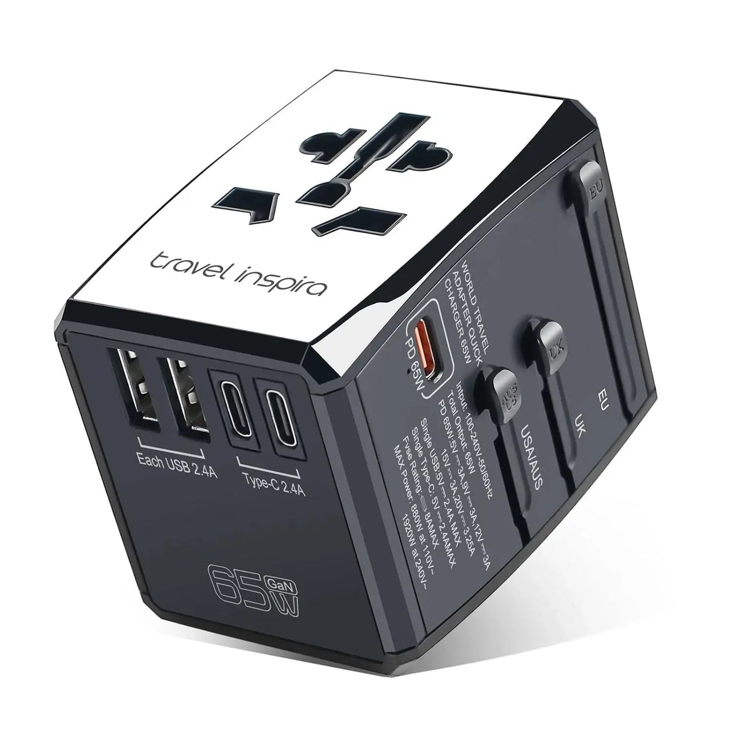 Universal Travel Adapter with USB-C,USB-A Ports ,All-In-One Worldwide Wall Charger for USA EU UK AUS International Power Plug