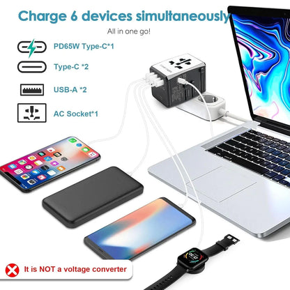 Universal Travel Adapter with USB-C,USB-A Ports ,All-In-One Worldwide Wall Charger for USA EU UK AUS International Power Plug
